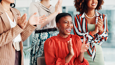 Buy stock photo Happy women, team and good news with applause for bonus, business success or promotion in office. Female people, employees or colleagues clapping with smile for winning, done or completion together