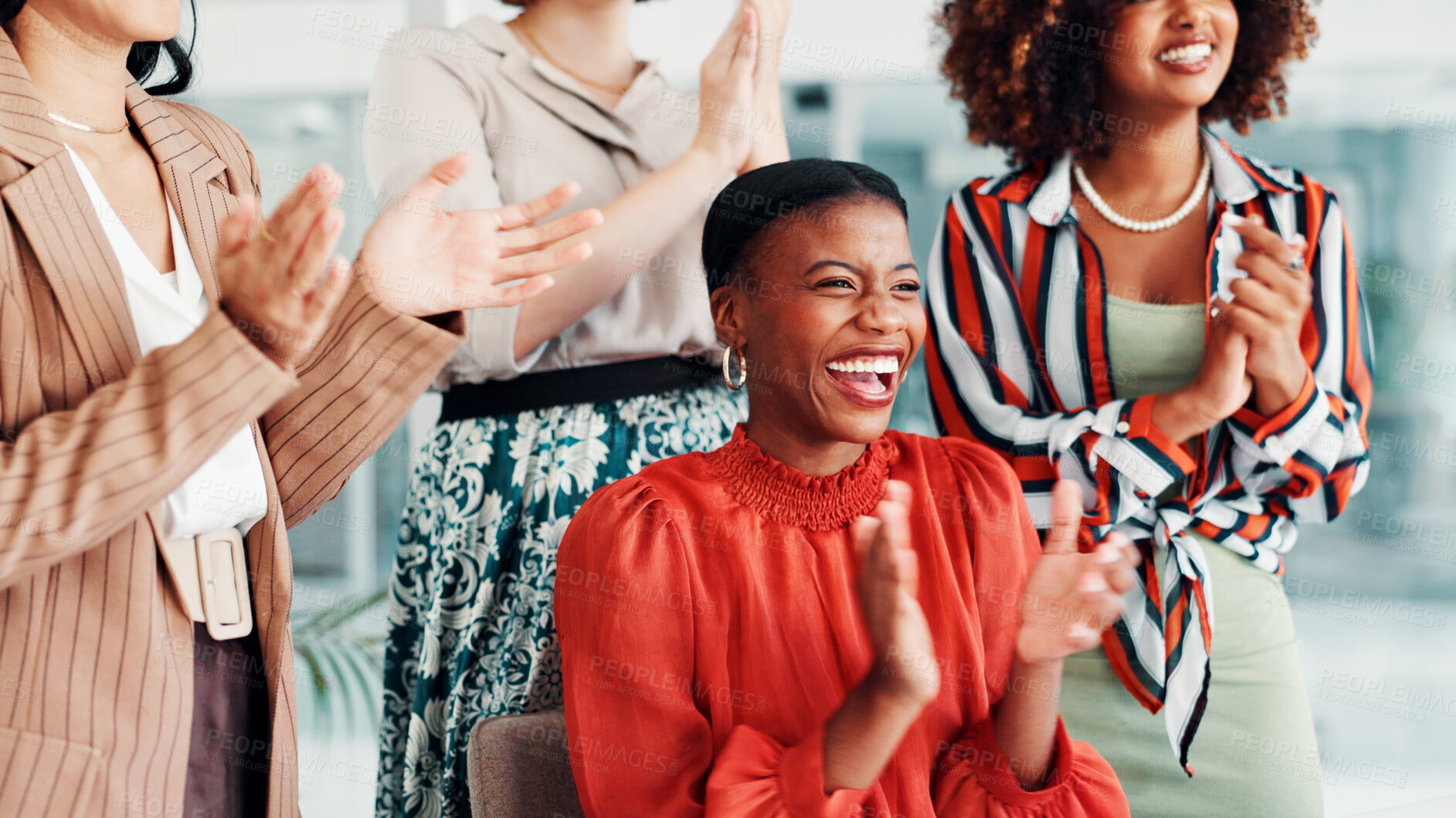 Buy stock photo Happy women, team and good news with applause for bonus, business success or promotion in office. Female people, employees or colleagues clapping with smile for winning, done or completion together