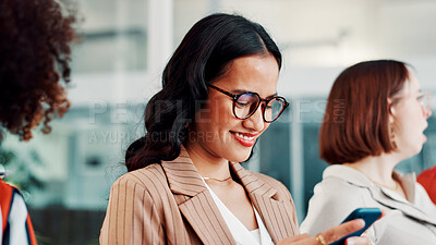 Buy stock photo Employee, research and woman with smartphone in meeting, happy or digital marketing on social media. Coworking, people and brand manager with mobile for project, confident and ad campaign on website