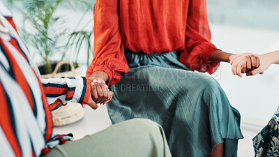 Buy stock photo Women, support group and holding hands in meeting for counseling, mental health advice and help. People, compassion or empathy in therapy with psychology for depression, kindness or healing together.