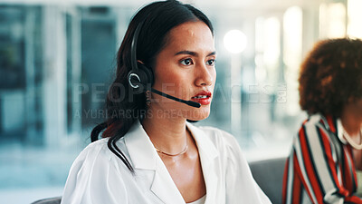 Buy stock photo Headset, agent and woman in call center for telemarketing, sales feedback or listening. Telesales, consultant and person talk to customer for lead generation, outbound communication and coworking