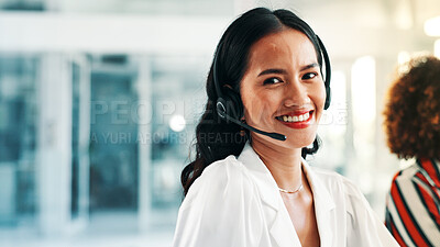 Buy stock photo Contact us, smile and woman in call center with headset for holiday guide, feedback or help. Portrait, customer service or happy travel agent with inbound communication, trip reservation or coworking