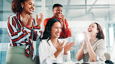 Buy stock photo Excited women, business and good news with applause for bonus, success or promotion in office. Female people, employees or colleagues clapping with smile for winning, done or completion together