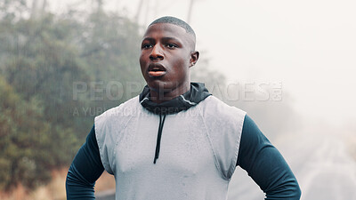 Buy stock photo Tired, outdoor and black man with exercise, training and breathing with wellness, rest or morning. African person, runner or healthy athlete with fitness, exhausted or hobby with fatigue or challenge
