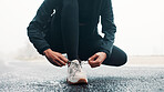 Hands, person and tie laces for fitness routine, endurance training and running preparation. Athlete, runner and tying shoes for exercise safety, getting ready and sports workout for wellness outdoor
