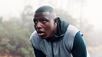 Tired, outdoor and black man with fitness, breathing or challenge with wellness, rest or break. African person, runner or healthy athlete with exercise, exhausted or training with fatigue or sweating