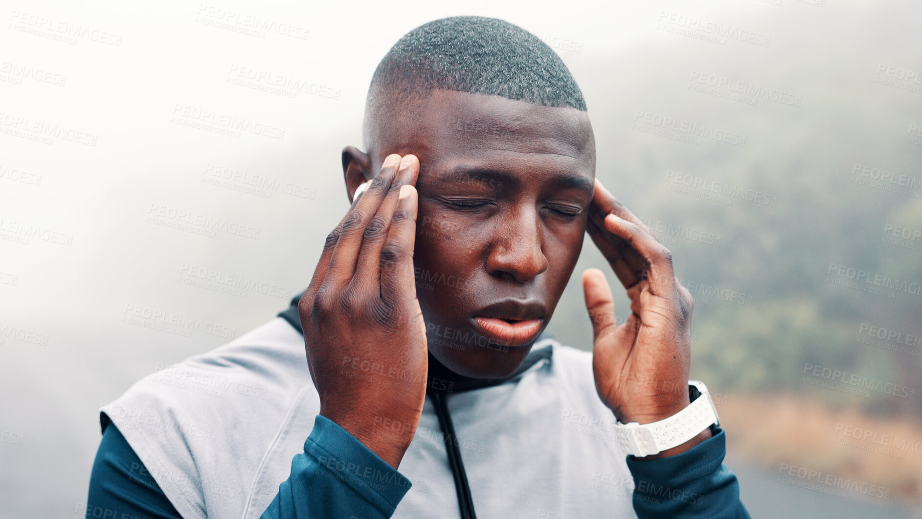 Buy stock photo Outdoor, headache and black man with fitness, mist and accident with burnout and training. African person, nature and runner with stress, migraine and frustrated athlete with pain or overworked