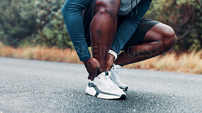 Buy stock photo Hands, person and ankle pain from fitness outdoor, sports injury and muscle cramp. Athlete, male runner and discomfort from exercise mistake, joint inflammation and training accident with pressure