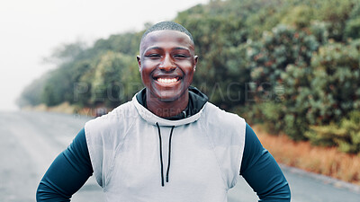 Buy stock photo Nature, fitness and portrait of black man on road, marathon runner and ready for cardio training. Outdoor, morning mist and confident athlete smile for endurance practice, wellness or start workout