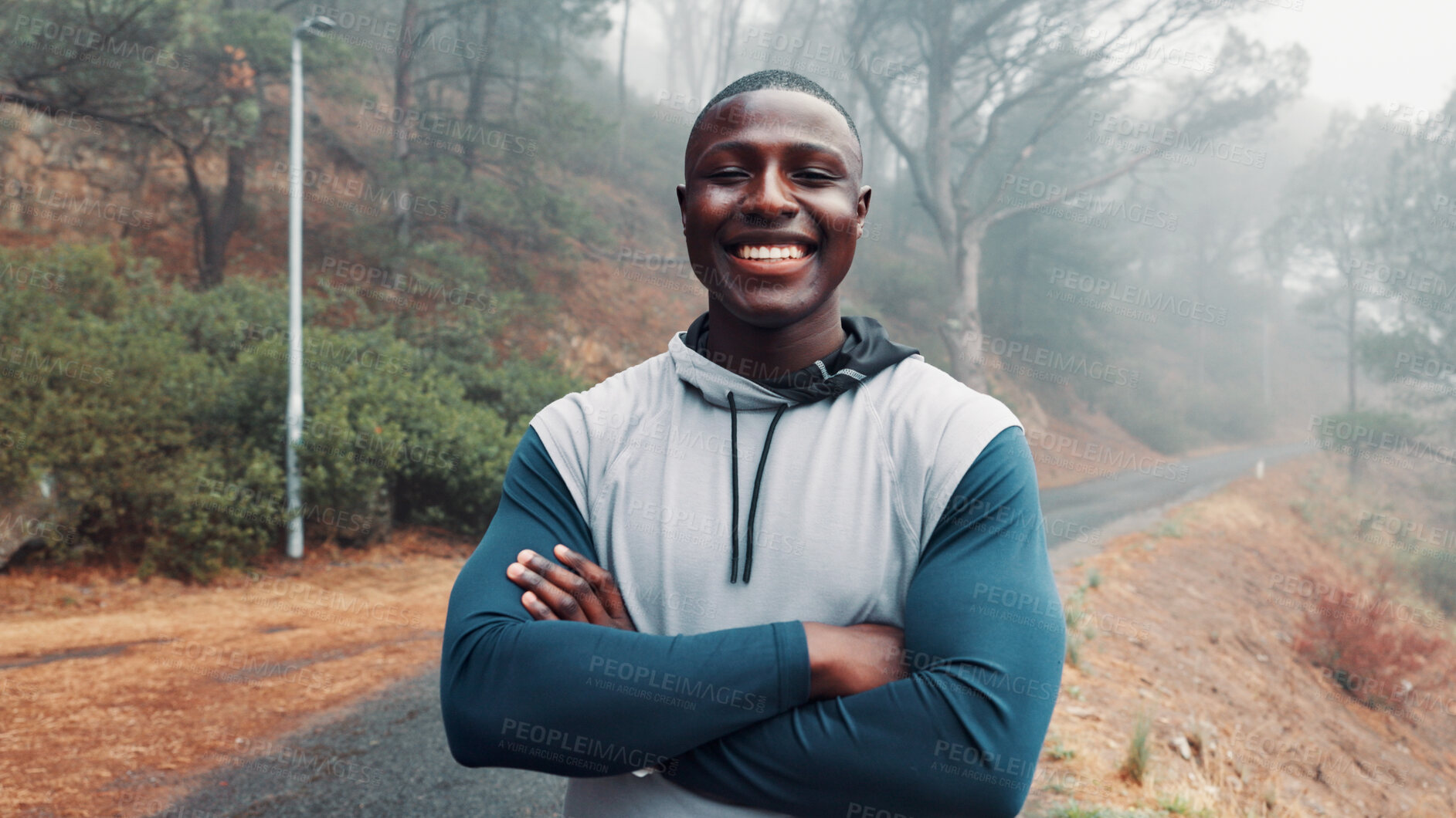 Buy stock photo Nature, fitness or portrait of black man on path for exercise, runner or ready for cardio training. Outdoor, morning mist or confident athlete smile for physical activity, wellness or start workout