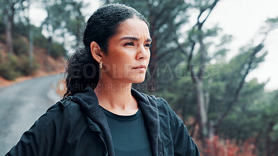 Buy stock photo Fitness, serious an thinking with woman outdoor for cardio training, dedication or workout. Exercise, planning and vision with confident athlete or runner in nature for activity, health or wellness