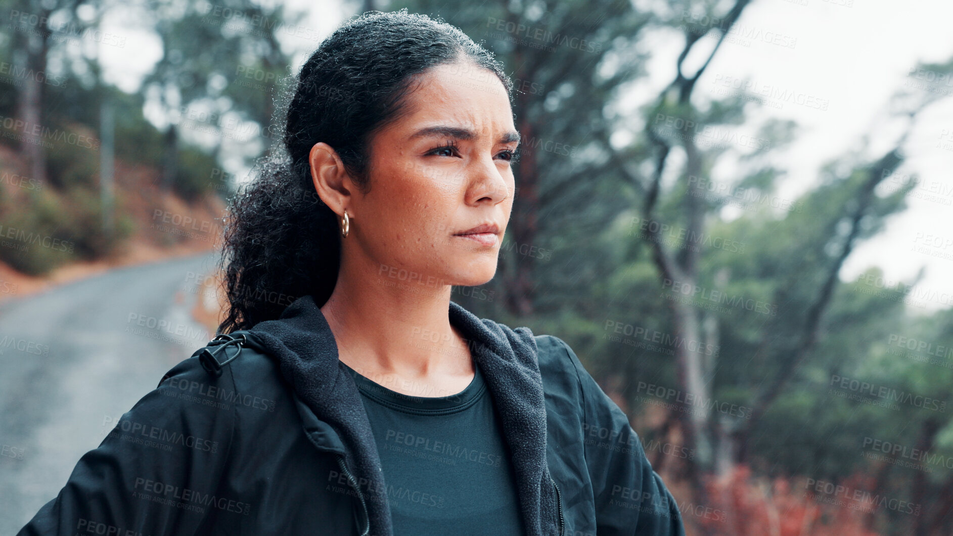 Buy stock photo Fitness, serious an thinking with woman outdoor for cardio training, dedication or workout. Exercise, planning and vision with confident athlete or runner in nature for activity, health or wellness