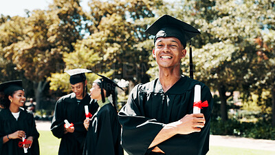 Buy stock photo Happy man, portrait or student with graduation for qualification, education or learning in nature. Male person, graduate or smile with certificate, degree or diploma for academic milestone on campus