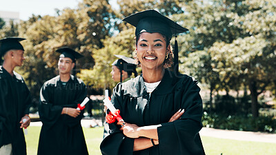 Buy stock photo Happy woman, portrait or student with graduation for qualification, education or learning in nature. Female person, graduate or smile with certificate, degree or diploma for academic milestone