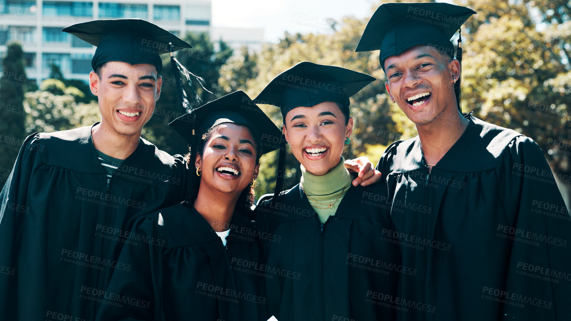 Buy stock photo Portrait, smile and friends at graduation outdoor for learning achievement. Happy, people and celebration for education success, academic qualification and university milestone of excellence ceremony