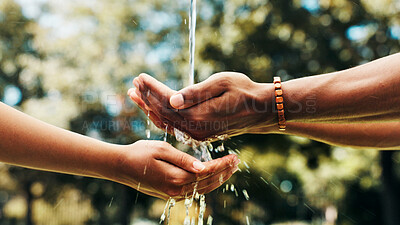 Buy stock photo Water, hands and splash in nature for sustainability, wash or share liquid together. People, fingers and cleaning with drops outdoor for hygiene, environment wellness or community support for ecology
