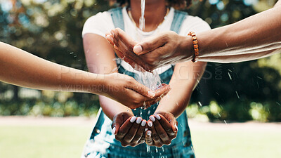 Buy stock photo Water, hands and clean in nature for sustainability, wash or resource conservation. People, fingers or group splash with drops outdoor for hygiene, environment health or community support for ecology