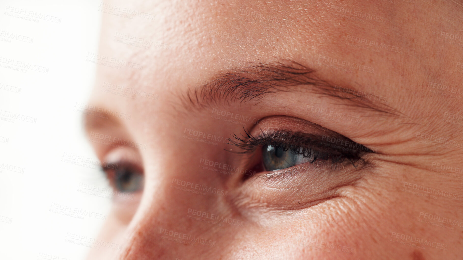Buy stock photo Woman, closeup and vision with eyes in studio for eyesight, visual perspective and insight. Female person, retinal focus and lens coordination for perception, clear sight and peripheral awareness