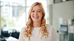 About us, laughing and portrait of business woman in office for career, job opportunity or satisfaction. Agency, confident and proud with funny human resources employee in workplace for development