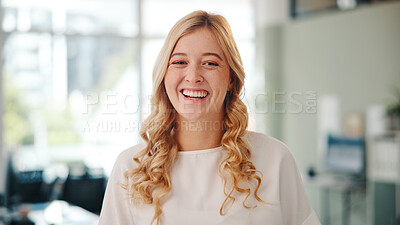 Buy stock photo About us, laughing and portrait of business woman in office for career, job opportunity or recruitment. Agency, confident and proud with funny human resources employee in workplace for development