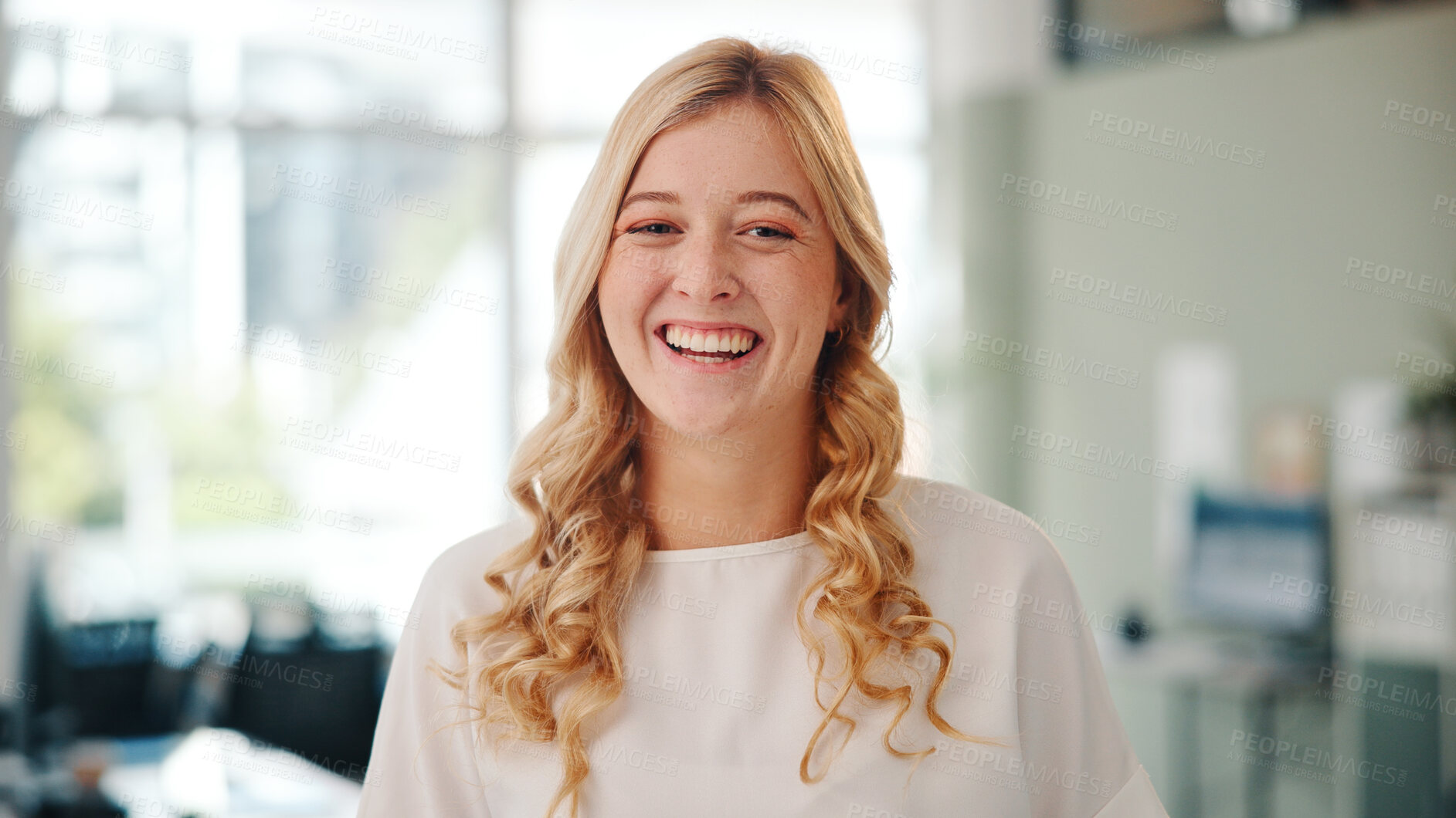 Buy stock photo About us, laughing and portrait of business woman in office for career, job opportunity or recruitment. Agency, confident and proud with funny human resources employee in workplace for development