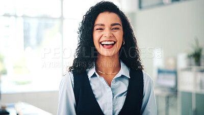 Buy stock photo About us, funny and portrait of business woman in office for career, job satisfaction or opportunity. Agency, confident and proud with employee laughing in workplace for professional development