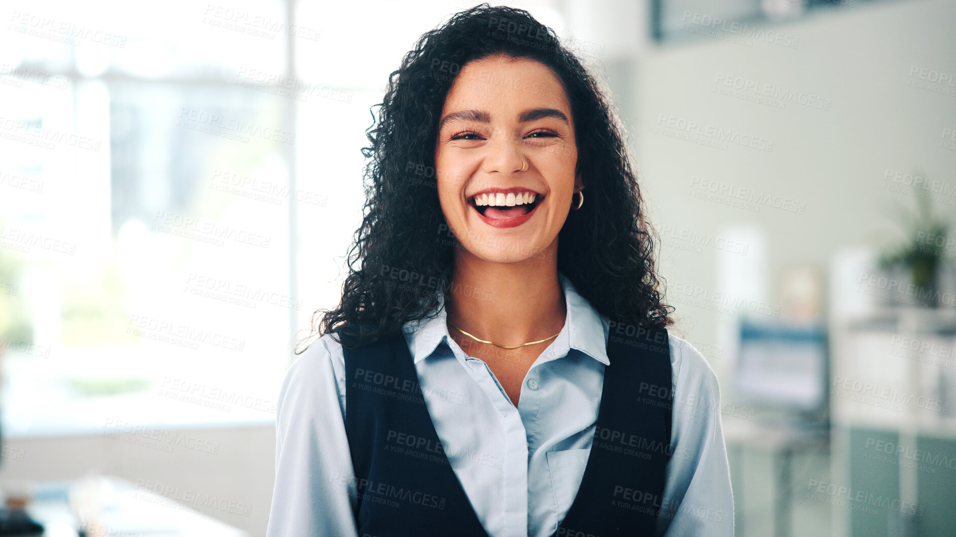 Buy stock photo About us, funny and portrait of business woman in office for career, job satisfaction or opportunity. Agency, confident and proud with employee laughing in workplace for professional development