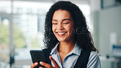 Buy stock photo Funny, phone and text message with business woman in office for browsing, connection or social media. App, laughing and typing with happy employee in professional workplace for mobile communication
