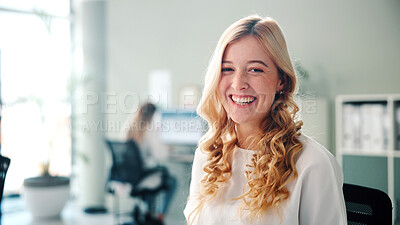 Buy stock photo Agency, portrait and smile of business woman in coworking office for job satisfaction or opportunity. About us, confident and proud with happy employee person at work for professional development