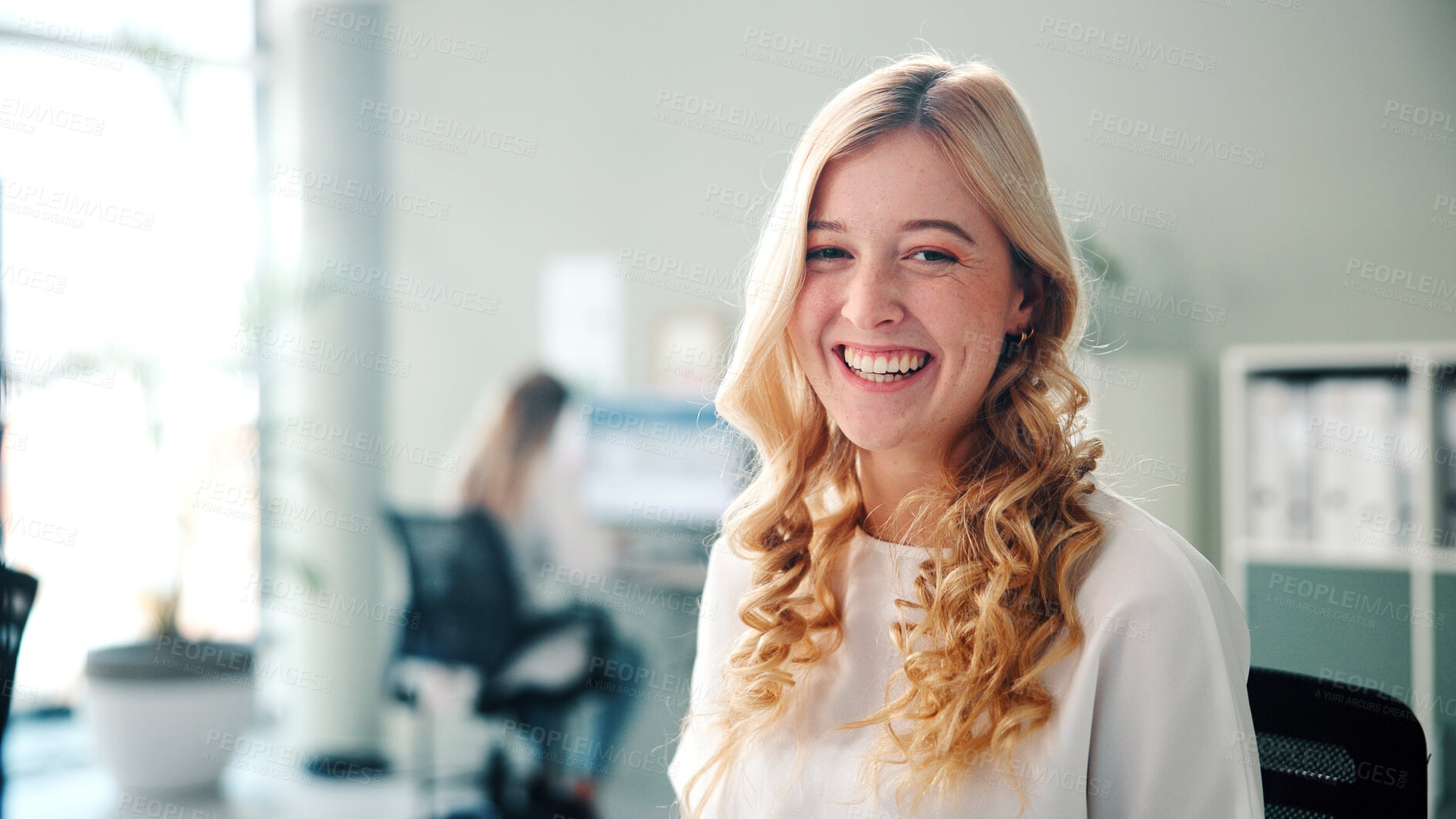 Buy stock photo Agency, portrait and smile of business woman in coworking office for job satisfaction or opportunity. About us, confident and proud with happy employee person at work for professional development