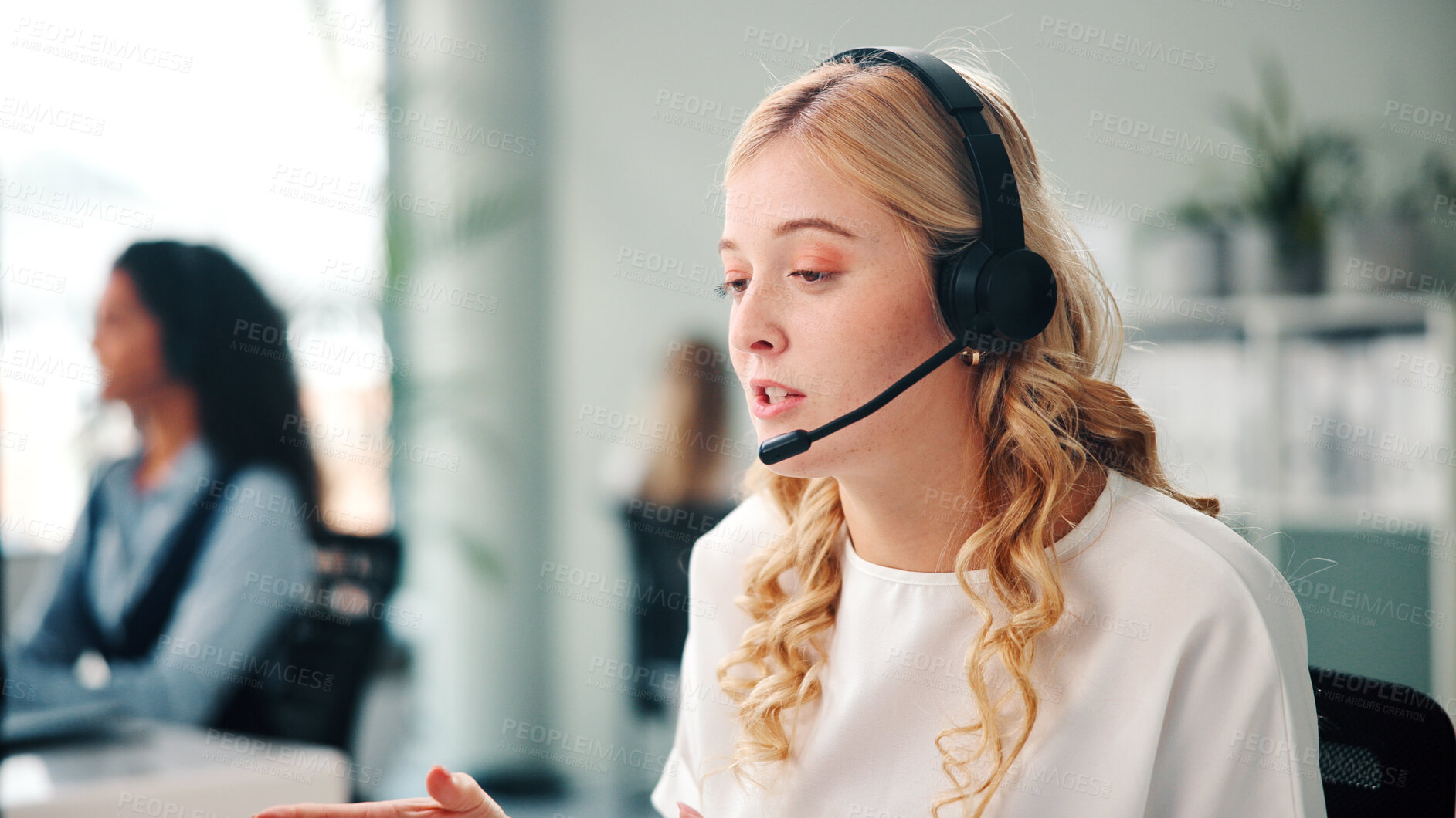 Buy stock photo Call center, headset and woman in workplace, consultation and help desk with system solution. Person, employee or agent with communication, advice or contact us with customer support, talking and crm