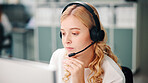 Call center, headset and woman in office, communication and help desk with system solution. Person, consultation and agent in workplace, advice and contact us with customer support, talking and crm