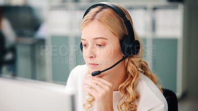 Buy stock photo Call center, headset and woman in office, communication and help desk with system solution. Person, consultation and agent with computer advice and contact us with customer support, internet and crm