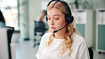 Call center, headset and woman with consultation, advice and help desk with communication. Person, employee and agent in workplace, feedback and contact us with customer support, talking and crm