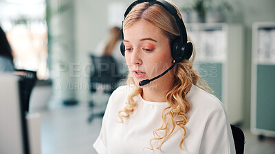 Buy stock photo Call center, headset and woman with consultation, advice and help desk with communication. Person, employee and agent in workplace, feedback and contact us with customer support, talking and crm