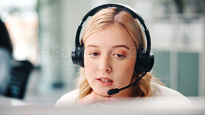 Buy stock photo Telemarketing, headset and woman in office, consultation and help desk with system solution. Person, computer and agent in workplace, communication and contact us with call center, talking and advice
