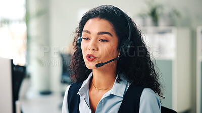 Buy stock photo Telemarketing, headset and woman in workplace, consultation and support with system solution. Person, employee and agent in office, communication and contact us with customer service, talking and crm