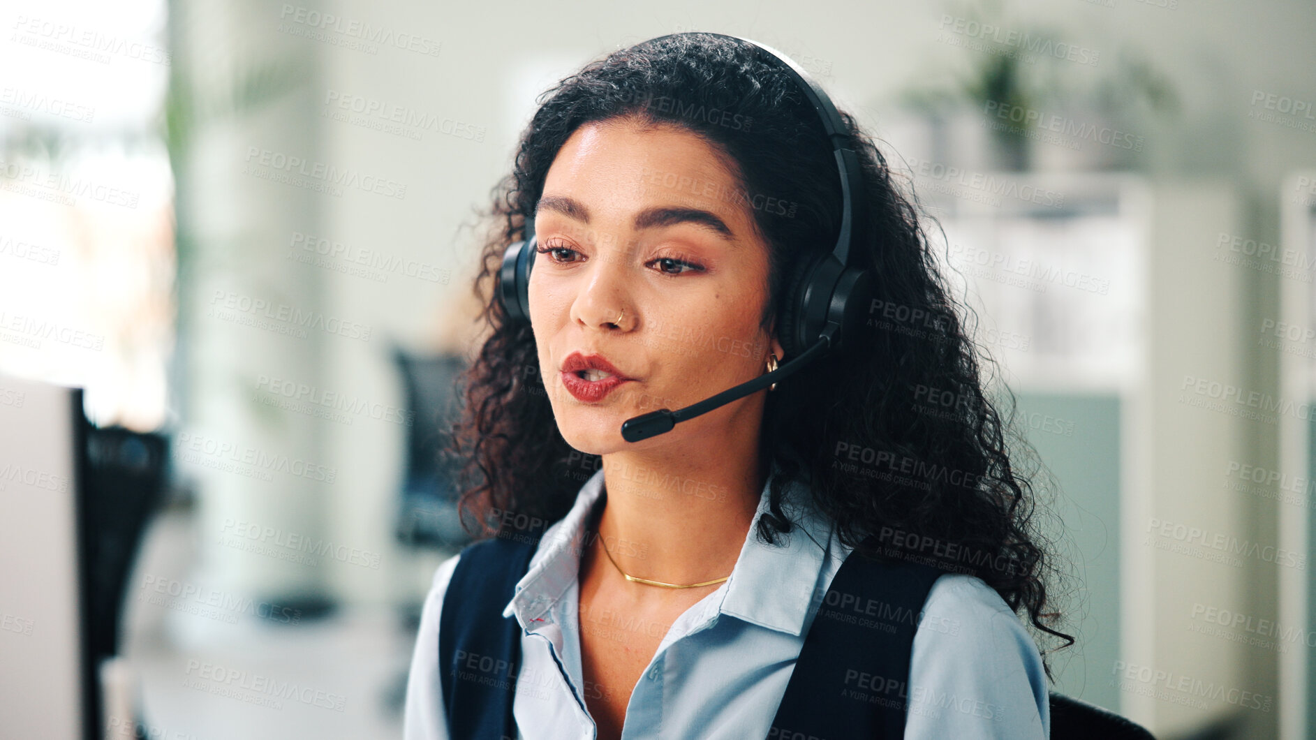 Buy stock photo Telemarketing, headset and woman in workplace, consultation and support with system solution. Person, employee and agent in office, communication and contact us with customer service, talking and crm
