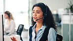 Call center, headset and woman with feedback, speaking and help desk with system solution. Person, employee and agent in workplace, communication and contact us with customer service and consultation