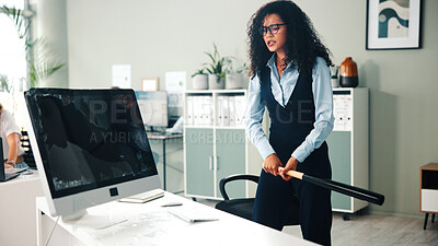 Buy stock photo Baseball bat, computer and frustration with business woman in office for anger, crisis or stress. Mad, pc and smash with unhappy employee person in workplace for aggression, pressure or tension