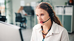 Woman, computer and consultant with headset in office for online advice or customer service. Discussion, female person or business agent with technology for virtual assistance or help in call center