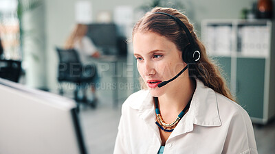 Buy stock photo Woman, computer and consultant with headset in office for online advice or customer service. Discussion, female person or business agent with technology for virtual assistance or help in call center
