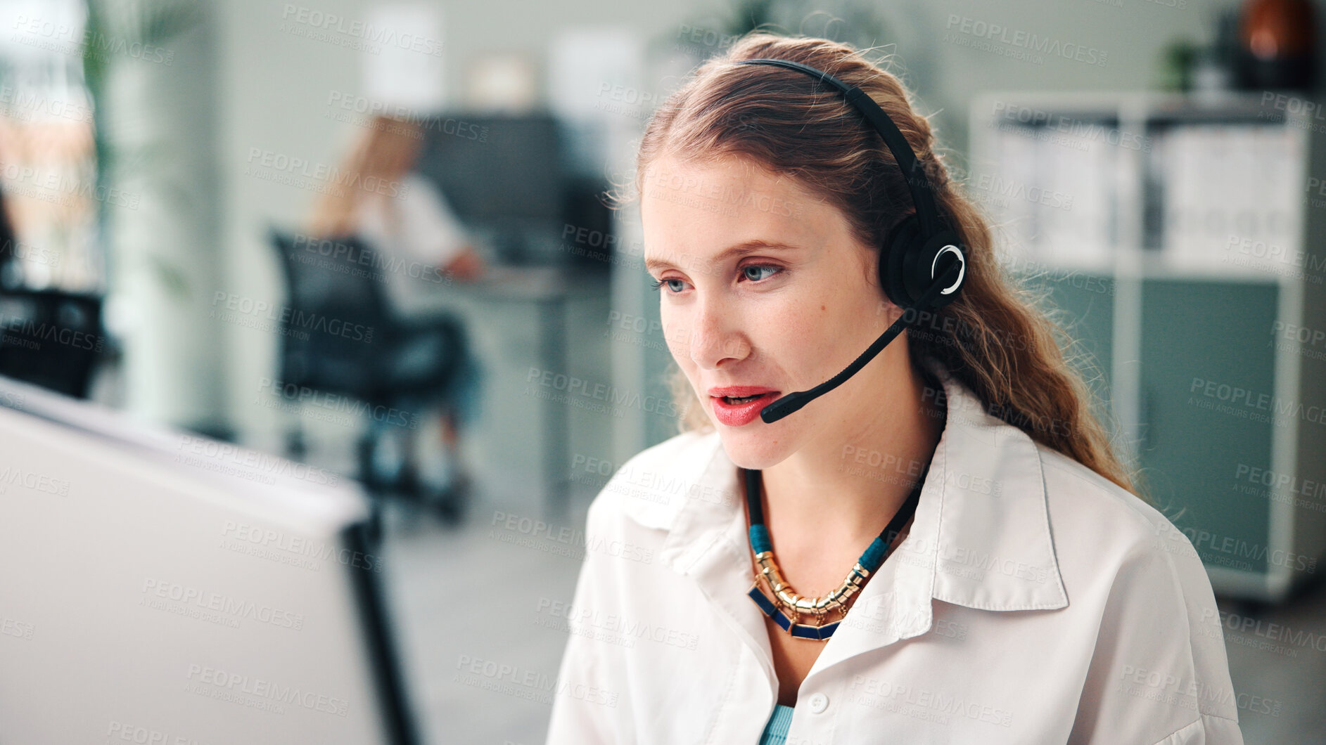 Buy stock photo Woman, computer and consultant with headset in office for online advice or customer service. Discussion, female person or business agent with technology for virtual assistance or help in call center
