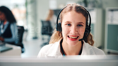 Buy stock photo Business woman, computer and consultant with headset in office for online advice or customer service. Smile, female person or agent with technology for virtual assistance or help in call center