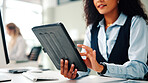 Woman, hands and scroll with tablet in office for public relations, social media management or plan. Female person, coworking and search with tech for brand communication, digital app or PR feedback.