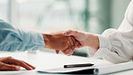 Business people, handshake and deal in office, hiring and contract for hr opportunity. Recruitment, shaking hands and workers with agreement for onboarding, partnership and thank you in workplace