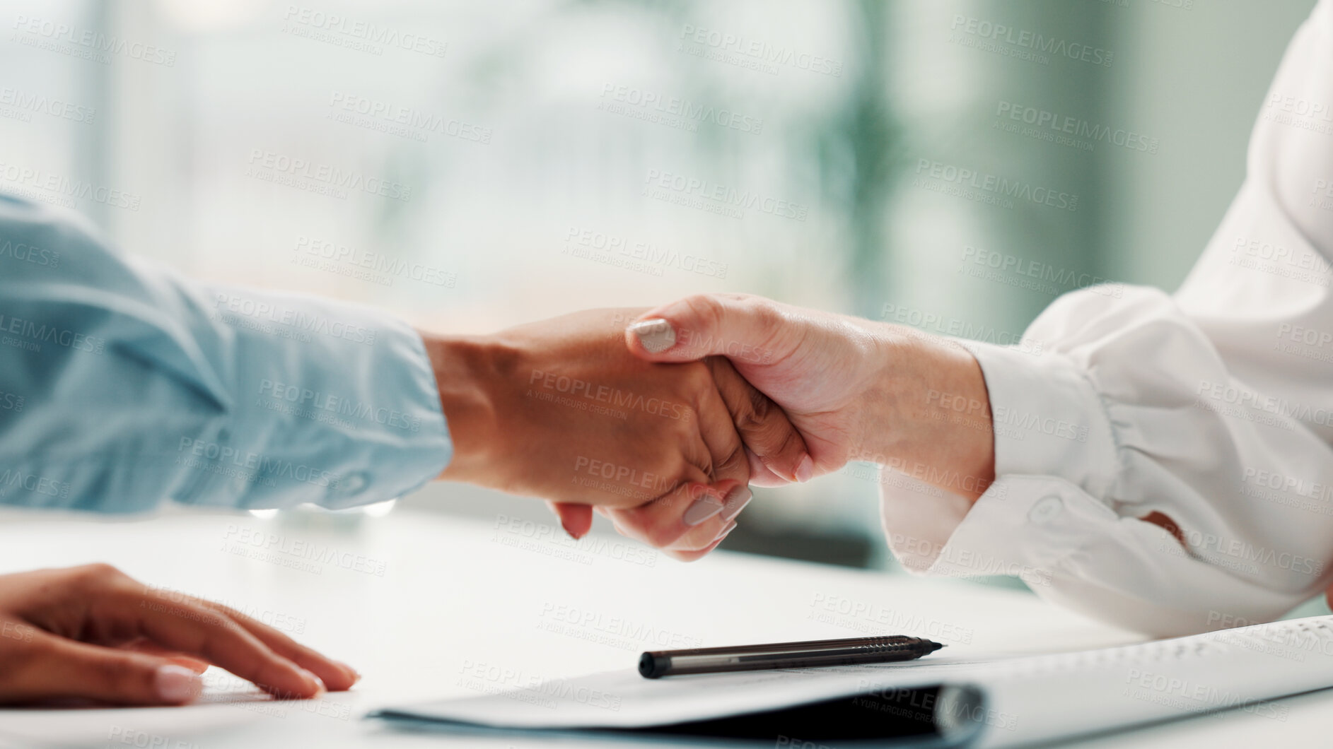 Buy stock photo Business people, handshake and deal in office, hiring and contract for hr opportunity. Recruitment, shaking hands and workers with agreement for onboarding, partnership and thank you in workplace