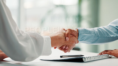 Buy stock photo Business people, handshake and deal in office, recruitment and contract for hr opportunity. Hiring, shaking hands and workers with agreement for onboarding, partnership and thank you in workplace