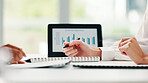 Hands, paperwork and business people in meeting for feedback, performance review and document. Report graphs, sales planning and manager with budgeting portfolio with tablet in financial office