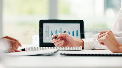 Buy stock photo Hands, paperwork and business people in meeting for feedback, performance review and document. Report graphs, sales planning and manager with budgeting portfolio with tablet in financial office